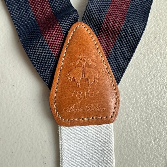 Brooks Brothers Mens Navy Maroon Stripe Adjustable Button Suspender Silk Leather - Picture 4 of 8